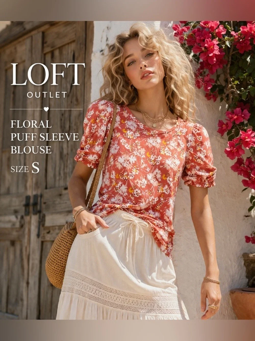 LOFT Floral Puff Sleeve Top Coral Blouse Summer Tee Size S